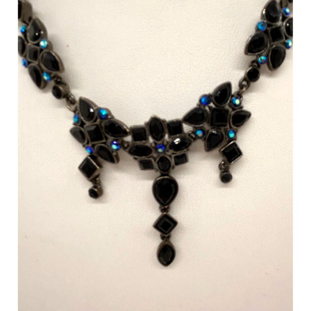 Black Glass Necklace Set Blue Aurora Borealis Crystals Earrings Bracelet Gothic - Picture 7 of 13